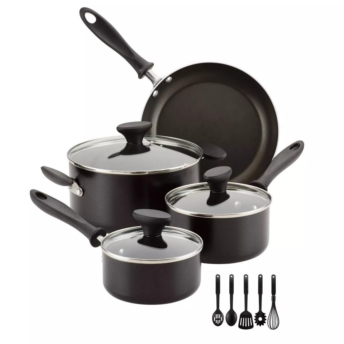 12pc Nonstick Aluminum Cookware Set with Prestige Tools Doba Black